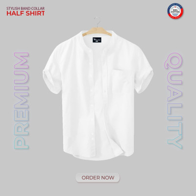 Short Sleeve Band Collar Shirt_ White