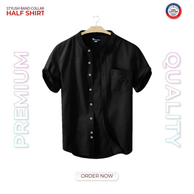 Short Sleeve Band Collar Shirt_ Black