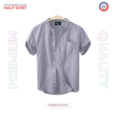 Short Sleeve Band Collar Shirt_  Ash