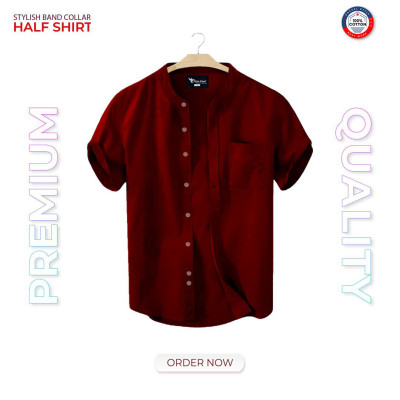 Short Sleeve Band Collar Shirt_  Merun