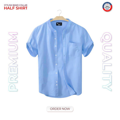 Short Sleeve Band Collar Shirt_ Sky Blue