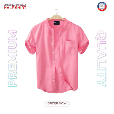 Short Sleeve Band Collar Shirt_  Pink
