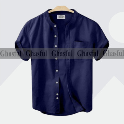 Short Sleeve Band Collar Shirt_  Nivey Blue