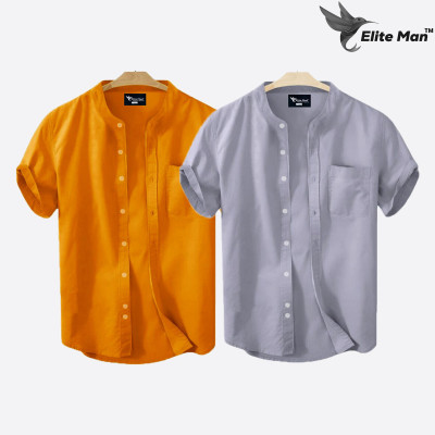 Short Sleeve Band Collar Shirt_  Kathali &  Ash
