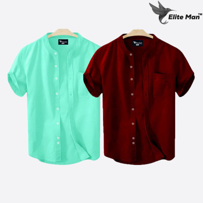 Short Sleeve Band Collar Shirt_  Merun & Pest