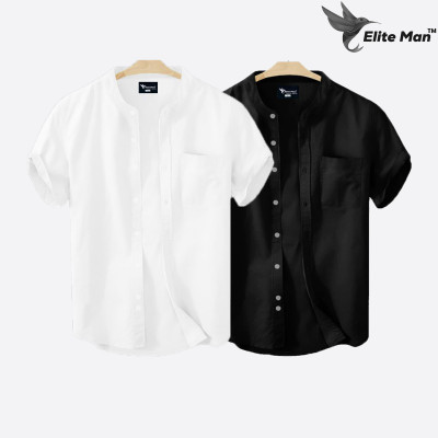 Short Sleeve Band Collar Shirt_ White & Black