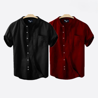 Short Sleeve Band Collar Shirt_  Black & Merun