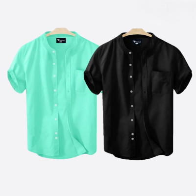 Short Sleeve Band Collar Shirt_ Pest & Black