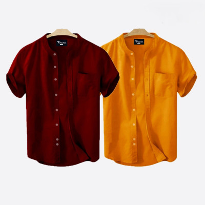 Short Sleeve Band Collar Shirt_ Kathali & Merun