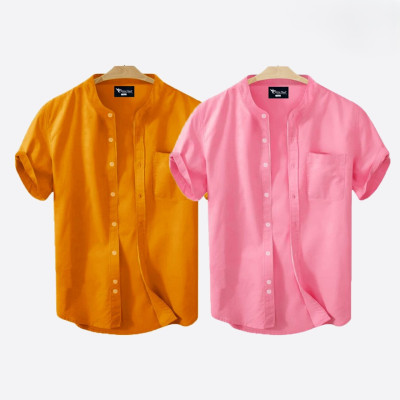 Short Sleeve Band Collar Shirt_  Kathali & Pink
