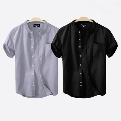 Short Sleeve Band Collar Shirt_  Ash & Black