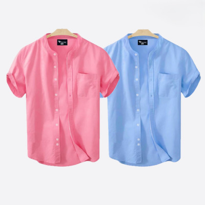 Short Sleeve Band Collar Shirt_  Pink & Sky Blue