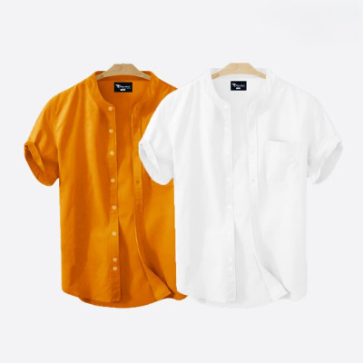 Short Sleeve Band Collar Shirt_ Kathali & White