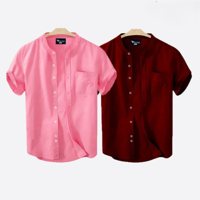 Short Sleeve Band Collar Shirt_  Pink & Merun
