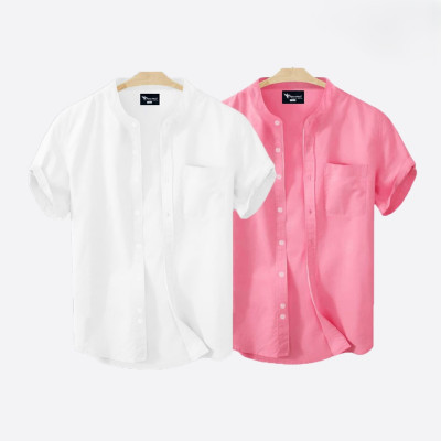 Short Sleeve Band Collar Shirt_  White & Pink