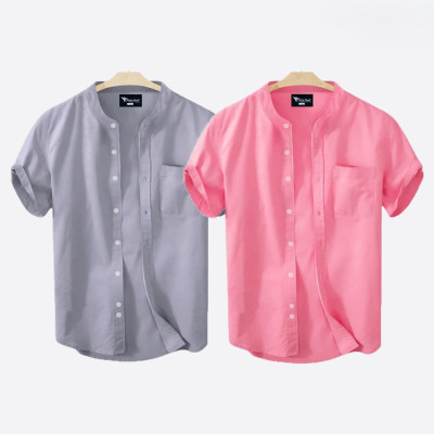 Short Sleeve Band Collar Shirt_  Ash & Pink