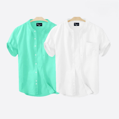 Short Sleeve Band Collar Shirt_  Pest & White