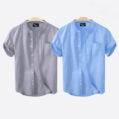 Short Sleeve Band Collar Shirt_  Ash & Sky Blue