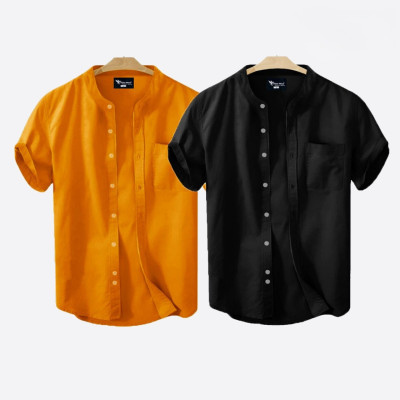 Short Sleeve Band Collar Shirt_ Kathali & Black