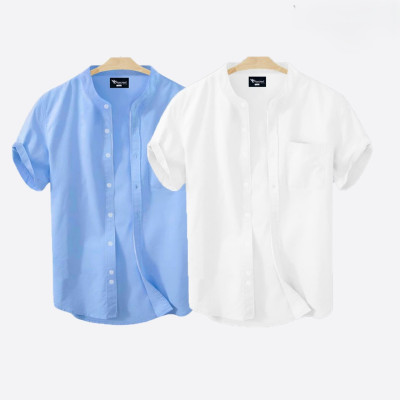 Short Sleeve Band Collar Shirt_  Sky Blue & White