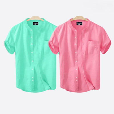 Short Sleeve Band Collar Shirt_  Pest & Pink