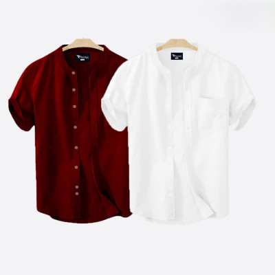 Short Sleeve Band Collar Shirt_  Merun & White