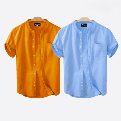 Short Sleeve Band Collar Shirt_  Kathali & Sky Blue