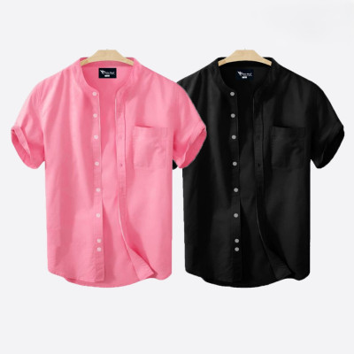 Short Sleeve Band Collar Shirt_  Pink & Black