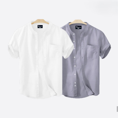 Short Sleeve Band Collar Shirt_  Ash & White
