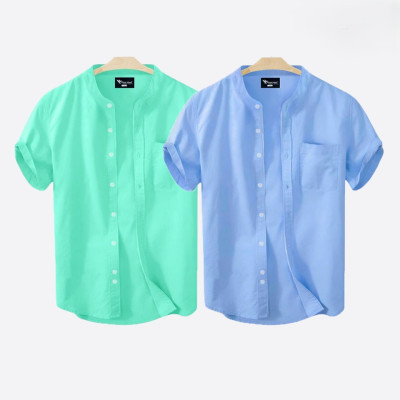 Short Sleeve Band Collar Shirt_ Pest & Sky Blue