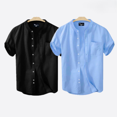 Short Sleeve Band Collar Shirt_Sky Blue & Black