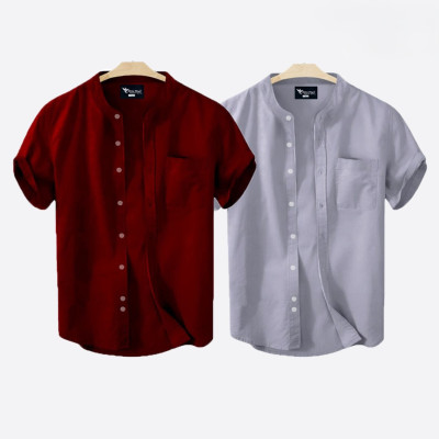 Short Sleeve Band Collar Shirt_ Merun & Ash