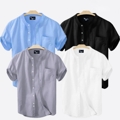 Short Sleeve Band Collar Shirt_  Sky Blue ,Black & Ash , White