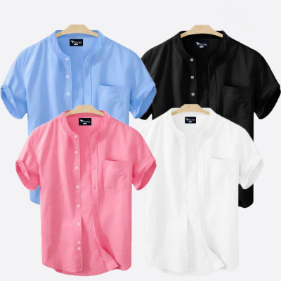 Short Sleeve Band Collar Shirt_  Sky Blue, Black & Pink , White