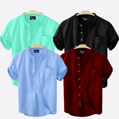 Short Sleeve Band Collar Shirt_  Pest ,Black & Sky Blue , Merun