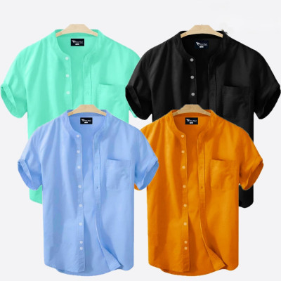Short Sleeve Band Collar Shirt_  Pest ,Black & Sky Blue , Kathali