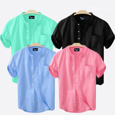 Short Sleeve Band Collar Shirt_ Pest, Black & Sky Blue , Pink