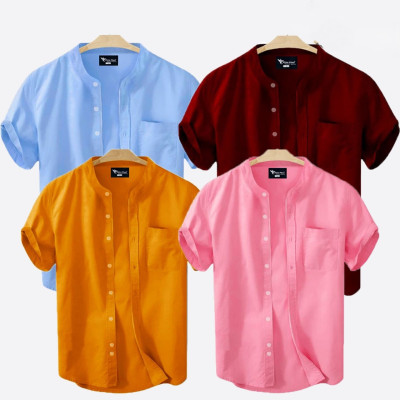 Short Sleeve Band Collar Shirt_ Sky Blue , Merun & Kathali , Pink