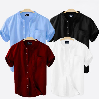 Short Sleeve Band Collar Shirt_ Sky Blue , Black & Merun , White