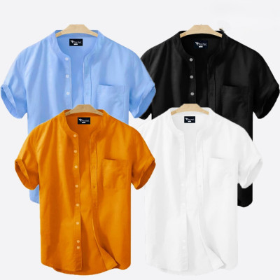 Short Sleeve Band Collar Shirt_  Sky Blue , Black & Kathali ,White
