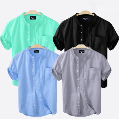 Short Sleeve Band Collar Shirt_  Pest , Black ,Sky Blue & Ash