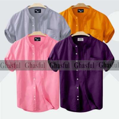 Short Sleeve Band Collar Shirt_ Ash_Kathali_ Purpale_Pink