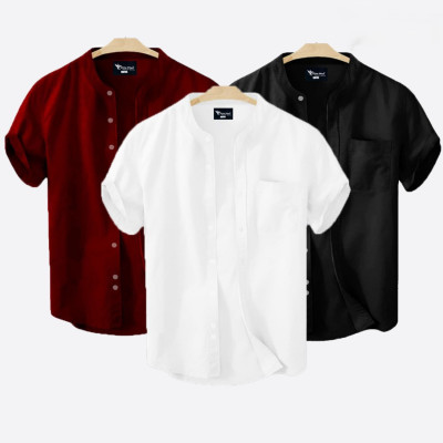 Short Sleeve Band Collar Shirt_  Merun ,Black & White