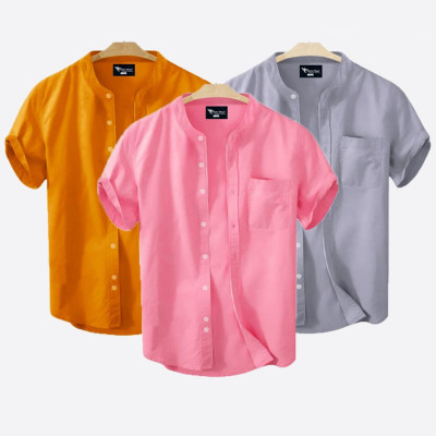 Short Sleeve Band Collar Shirt_  Kathali ,Ash & Pink
