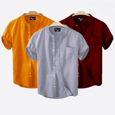 Short Sleeve Band Collar Shirt_ Kathali , Merun & Ash