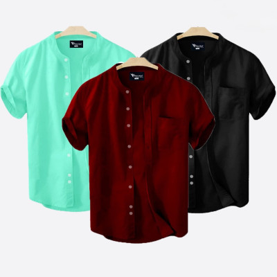 Short Sleeve Band Collar Shirt_  Pest ,Black & Merun