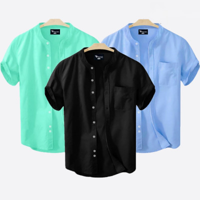 Short Sleeve Band Collar Shirt_  Pest , Sky Blue & Black