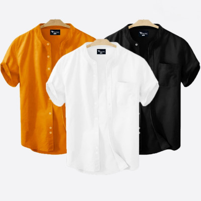 Short Sleeve Band Collar Shirt_ Kathali , Black ,White