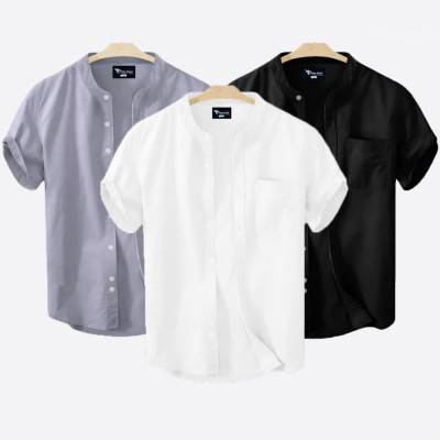Short Sleeve Band Collar Shirt_  Black ,White & Ash