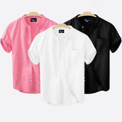 Short Sleeve Band Collar Shirt_  Pink ,Black ,White